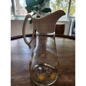 VINTAGE Log Cabin Syrup Pitcher MCM Gold Atomic Starburst Design Glass Dispenser